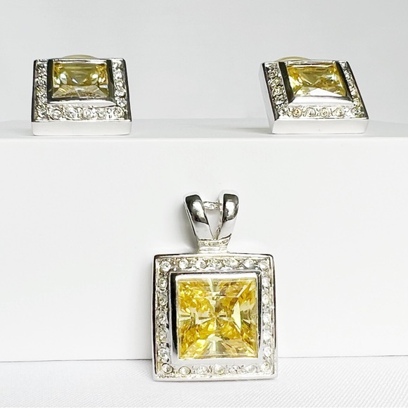FANCY Canary Yellow and White Zirconias Earrings and Pendant Set 10K Gold Plated - Picture 3 of 8